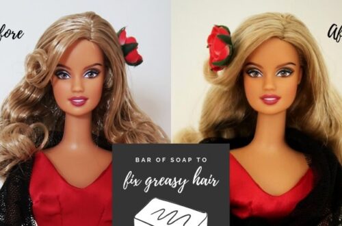 před a po odmaštění vlasů Barbie